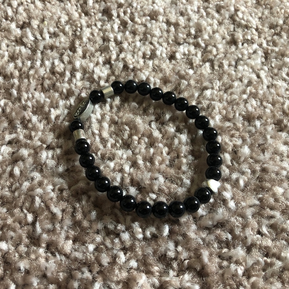 Black Beaded Bracelet with Silver Heart Detail